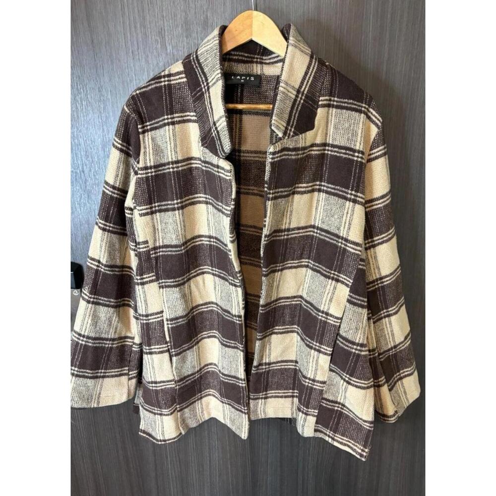 Lapis Anthropologie Flannel Coat M Tartan Plaid Roll Tab Sleeve Open Front brown